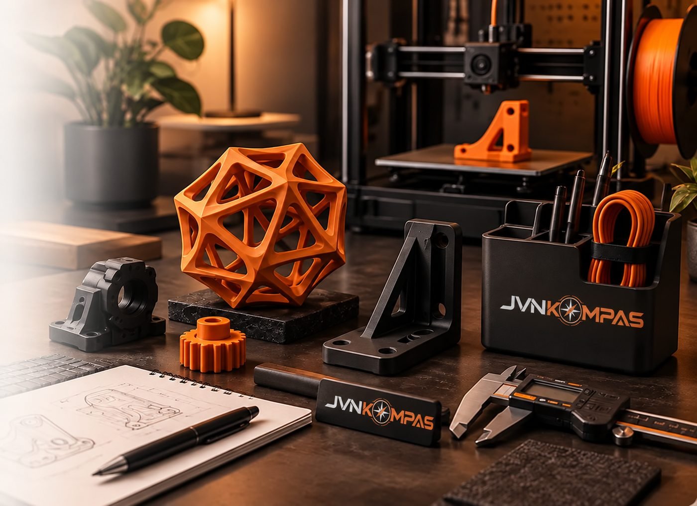 3D-printen op maat: een 3D-printer met geprinte onderdelen, een tandwiel en een pennenhouder