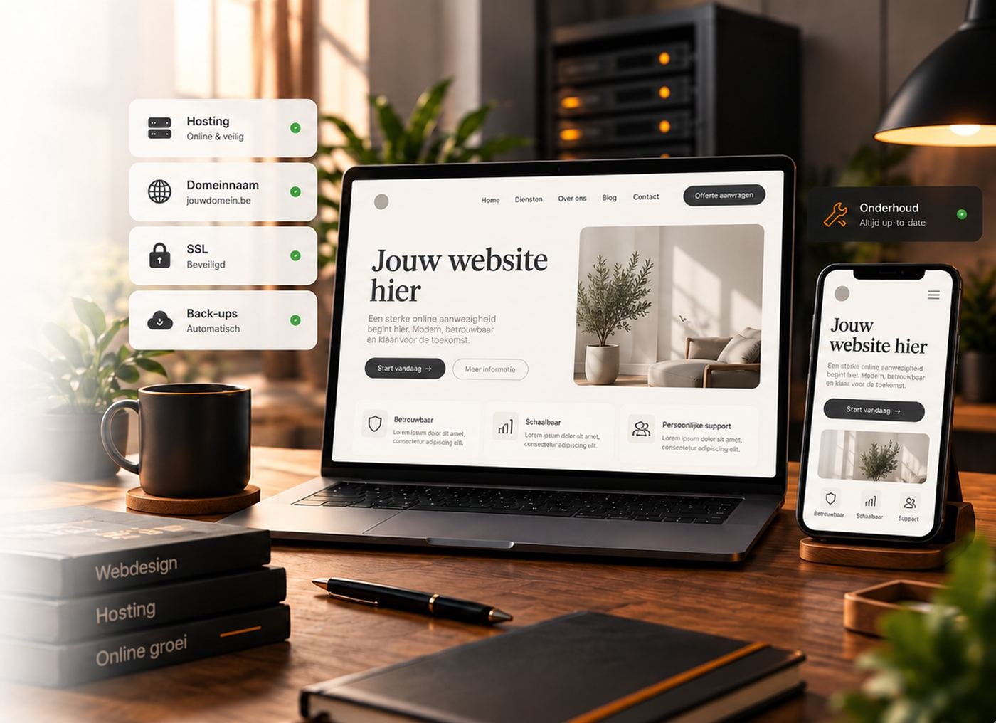 Webdesign en hosting: een responsive website op laptop en smartphone, met hosting, domeinnaam, SSL en back-ups