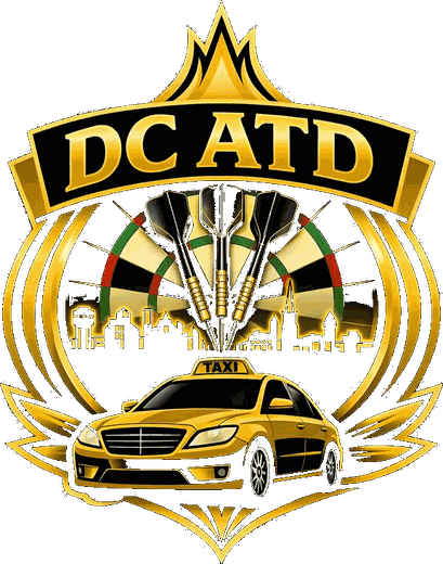 Logo-ontwerp voor dartsclub DC ATD: een gouden wapenschild met dartpijlen, een dartbord en een taxi.